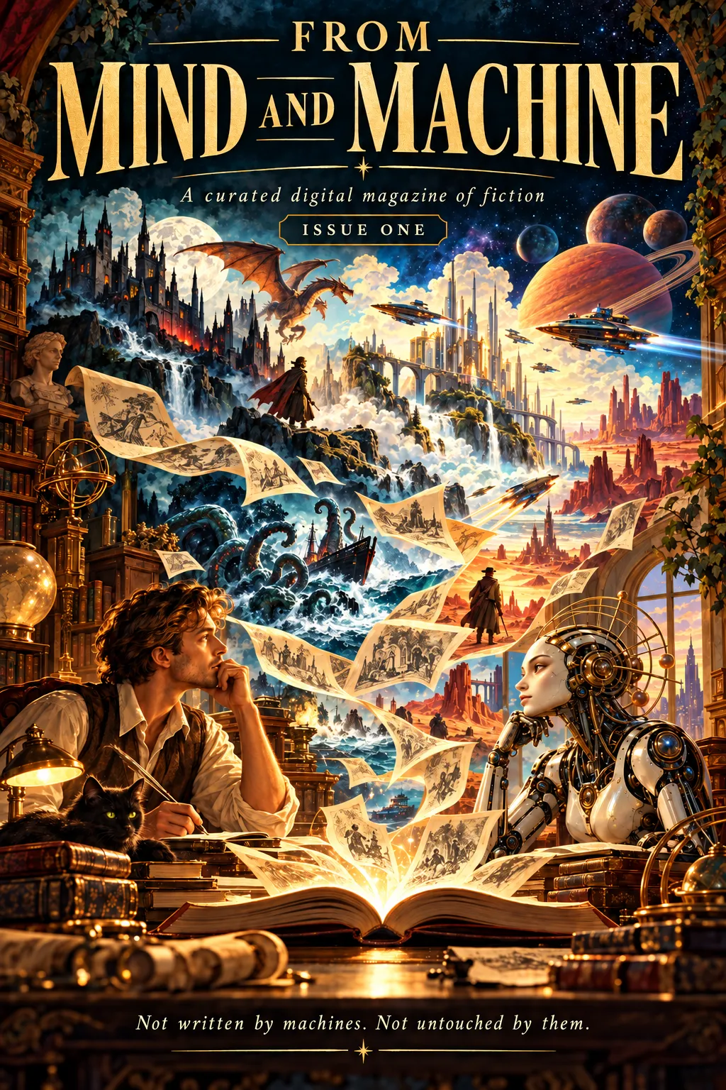 Cover of From Mind and Machine, Issue One: a writer and a clockwork automaton sit at a desk as pages fly up from an open book into castles, a dragon, a sea monster, spaceships and ringed planets.