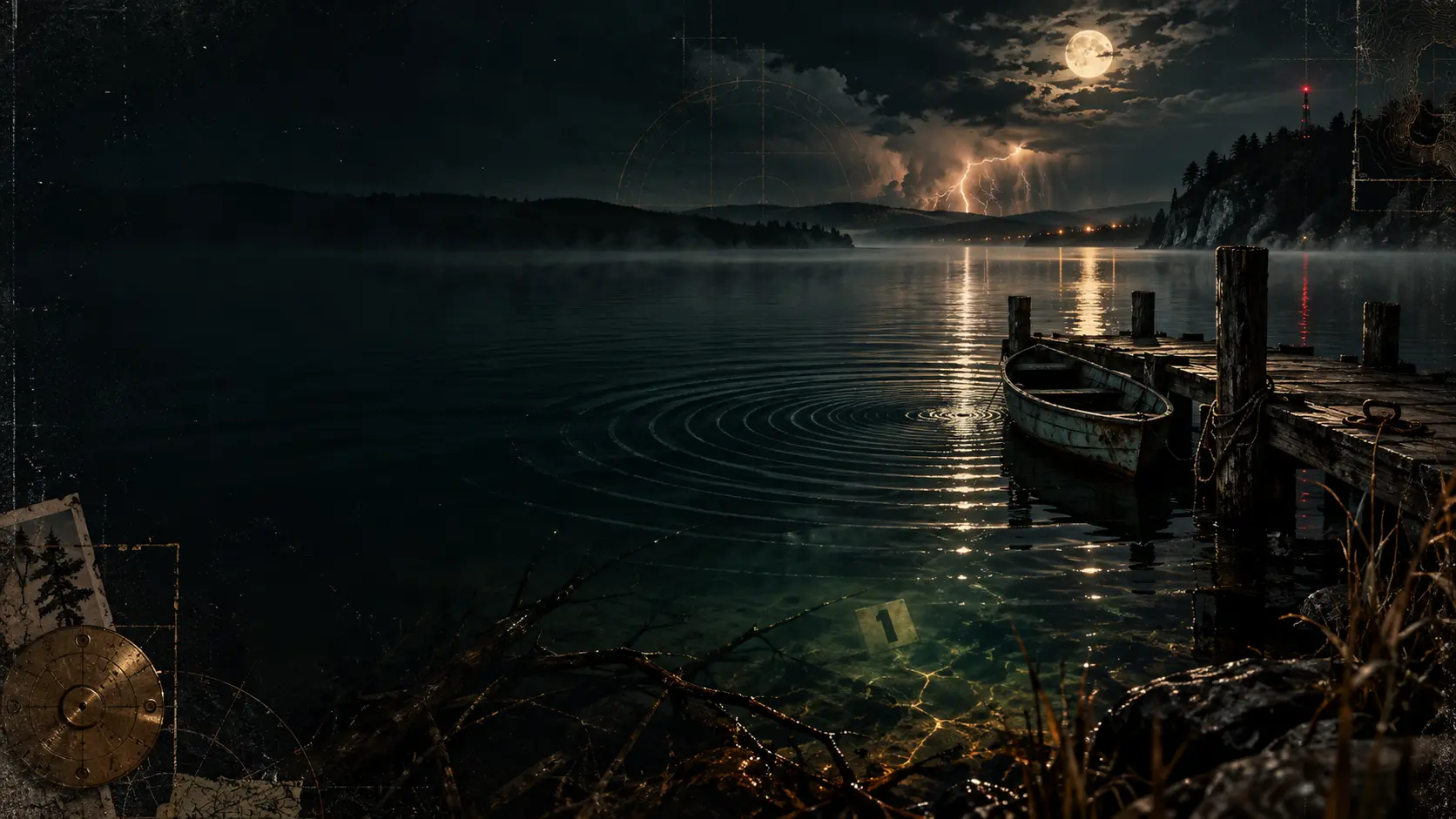 Moonlit lake with an empty boat and circular ripples