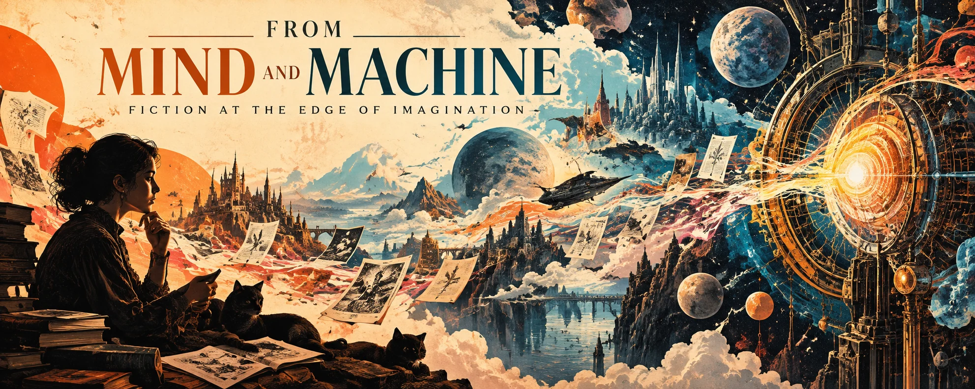 From Mind and Machine: Fiction at the edge of imagination. A woman reads while pages drift through a landscape of castles, planets and clockwork.