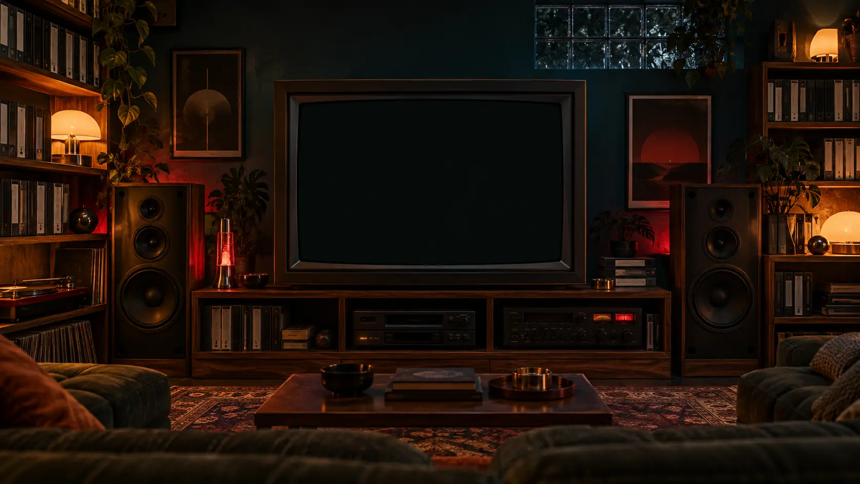 A dark screening room with a CRT television, a VCR and speakers